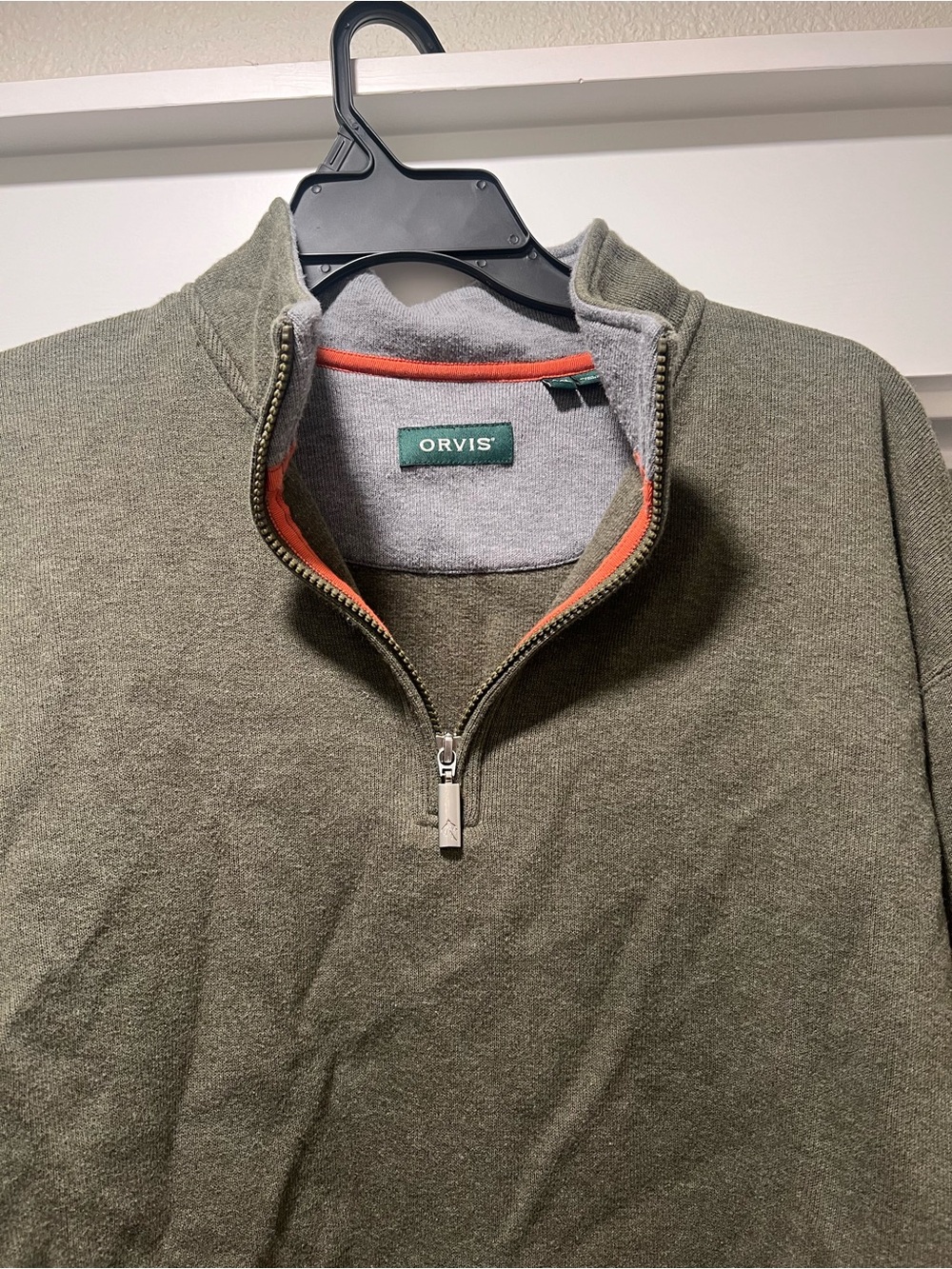 Orvis Men's Olive Green Zip-Neck Sweater with Orange Trim